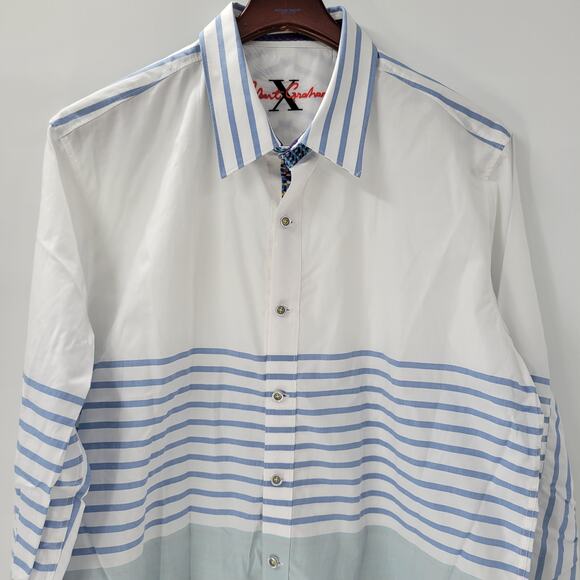 Robert Graham Mens Button Up Shirt XL White Blue Striped Geometric Flip Cuffs - Picture 13 of 16